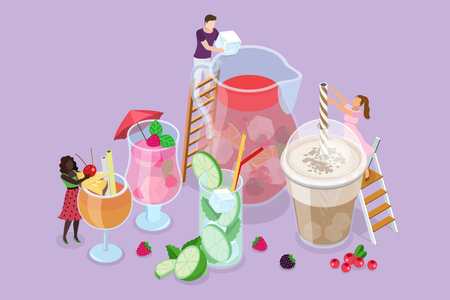 3D Isometric Flat Vector Illustration of Cold Beverages, Summer Frefreshing Drinksのイラスト素材