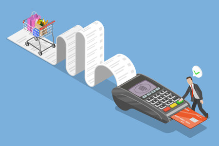 3D Isometric Flat Vector Illustration of Grocery Contactless payment, POS Terminal with NFC Technologyのイラスト素材