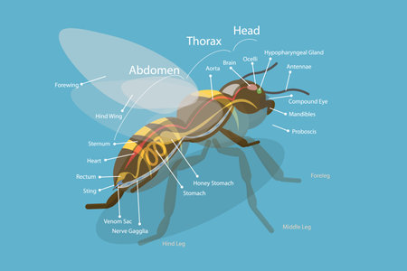 3D Isometric Flat Vector Illustration of Anatomy Of Bee, Educational Diagramのイラスト素材
