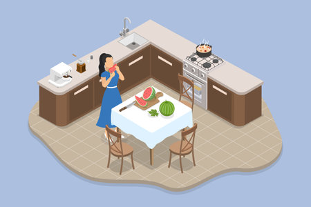 3D Isometric Flat Vector Illustration of Healthy Snack, Female Preparing Fresh Watermelon For Nutritious Snack In Detox Menuのイラスト素材