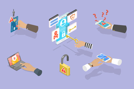 3D Isometric Flat Vector Set of Computer Hacking Scenes, Vulnerabilities Exploiting And Stealing Secure Data For Personal Gainのイラスト素材