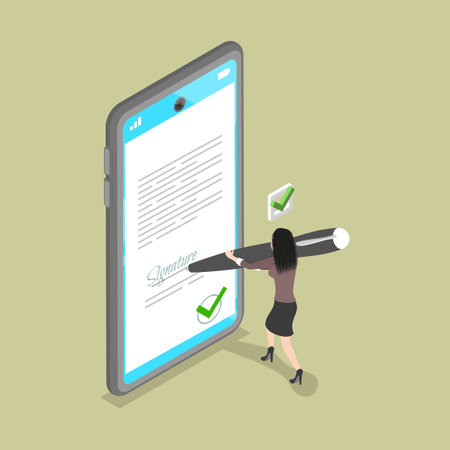 3D Isometric Flat Vector Illustration of Electronicaly Signed Document, Digital Xontract, E-documentのイラスト素材