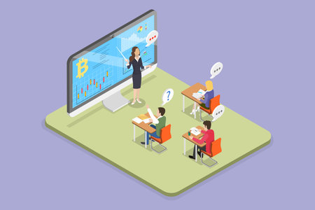 3D Isometric Flat Vector Illustration of Cryptocurrency and Education, Crypto Trade Academyのイラスト素材