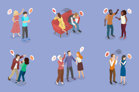 3D Isometric Flat Vector Illustration of Couple Conflict Scenes, Miscommunication And Understanding Issuesのイラスト素材