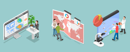 3D Isometric Flat Vector Illustration of Studying Data for Weather Forecasting, Meteorology Scenesのイラスト素材