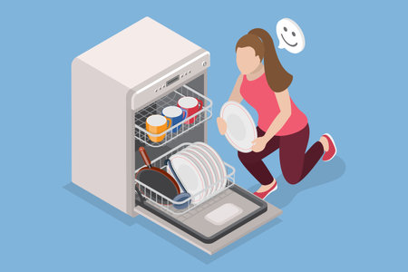 3D Isometric Flat Vector Illustration of Dishwasher, Kitchen Dish Cleaning Machineのイラスト素材
