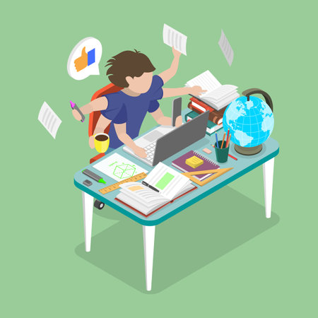 3D Isometric Flat Vector Illustration of Multitasking Kid, Student Doing Multitasks to Get Academic Successのイラスト素材