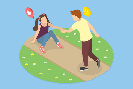 3D Isometric Flat Vector Illustration of Good Behavior Example, Compassionate Boy Supports Friend After Fallのイラスト素材