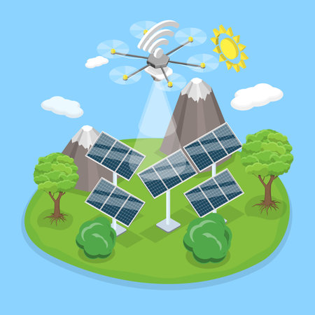3D Isometric Flat Vector Illustration of Drone Inspector, Automatic Technical Checkupのイラスト素材