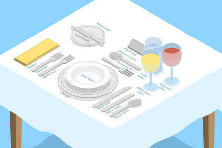 3D Isometric Flat Vector Illustration of Table Setting, Rules of Conduct with Cutleryのイラスト素材