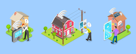 3D Isometric Flat Vector Illustration of Residential Home Energy Efficiency, Smart Houseのイラスト素材