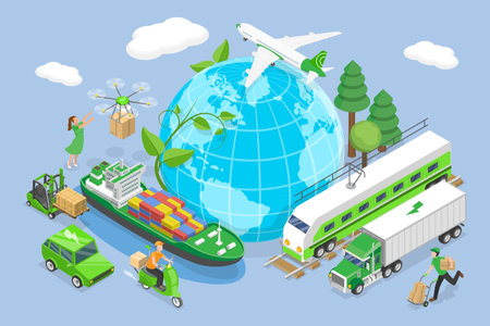 3D Isometric Flat Vector Illustration of Green Logistics, Eco-Friendly Logistics And Sustainable Delivery Conceptのイラスト素材