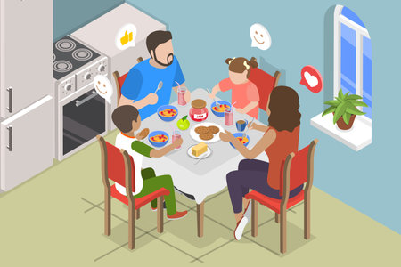 3D Isometric Flat Vector Illustration of Breakfast Together, Joyful Family Sharing Mealtime the Comfort Of Their Homeのイラスト素材