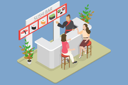 3D Isometric Flat Vector Illustration of Sushi Bar, Dining On Authentic Japanese Cuisineのイラスト素材