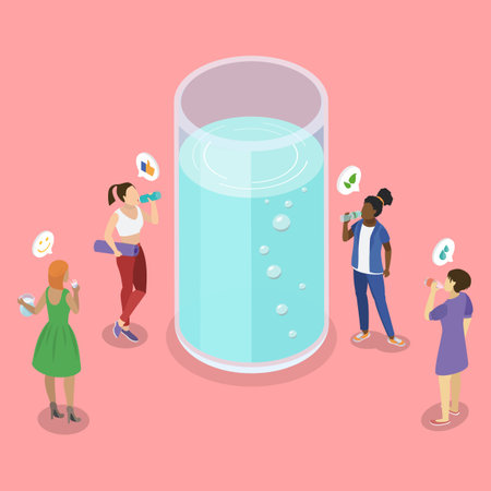 3D Isometric Flat Vector Illustration of Drinking Enough Water, Health Concept of Benefits Of Consuming Pure Water For Overall Wellnessのイラスト素材