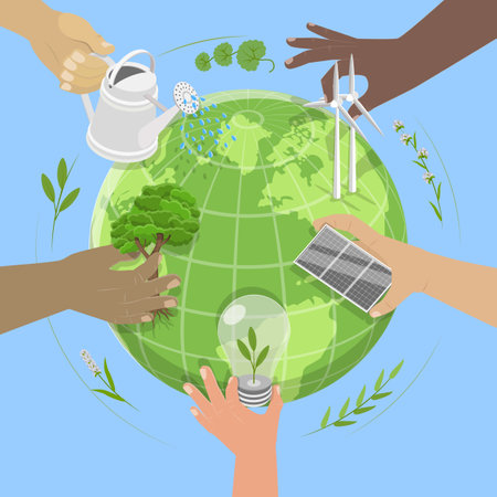 3D Isometric Flat Vector Illustration of Taking Care About Earth, Preventing Climate Change And Protecting Earthのイラスト素材