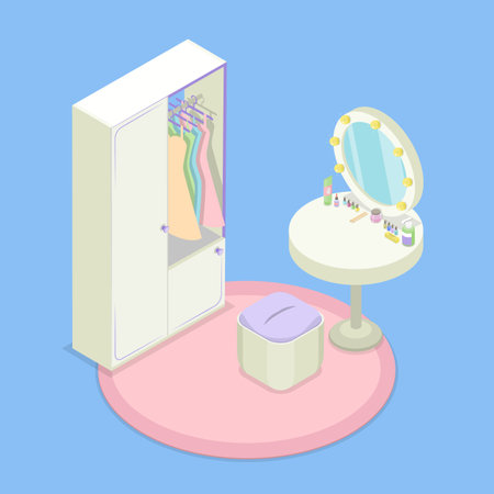 3D Isometric Flat Vector Illustration of Home Organization, Modern Interior Design of Wardrobe And Dressing Tableのイラスト素材