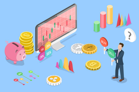 3D Isometric Flat Vector Illustration of Buy Or Sell Concept, Stock Market And Crypto Currency Tradingのイラスト素材