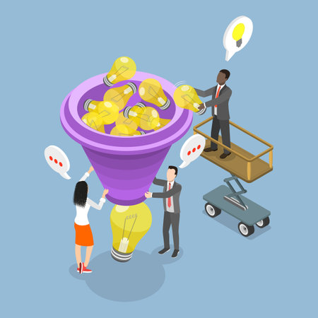 3D Isometric Flat Vector Illustration of Research or Discover New Idea, Brainstorming With Business People To Cultivate Inspirational Solutions Through Idea Funnelのイラスト素材