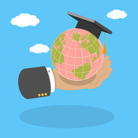 3D Isometric Flat Vector Illustration of Study Abroad , Academic Student Holding Globe Shape While Wearing a Hatのイラスト素材