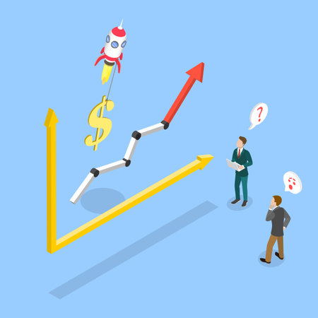3D Isometric Flat Vector Illustration of Increase Revenue, Rising US Dollar, Interest Rate Hike And Exchange Rate Driving Economy Growthのイラスト素材