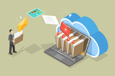 3D Isometric Flat Vector Illustration of Electronic Archive, Transfing Information To Digital Storage For Safekeepingのイラスト素材
