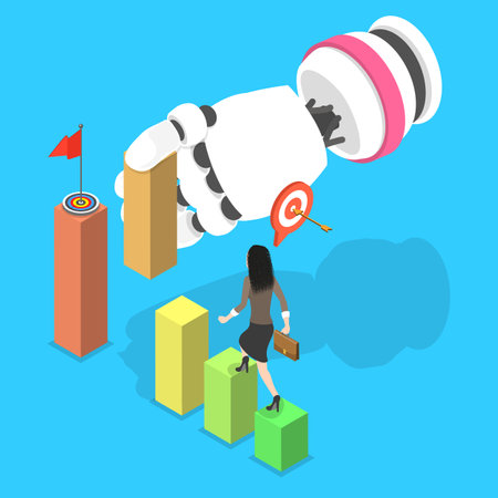 3D Isometric Flat Vector Illustration of AI Assistant, Robot Hand Assisting Businessman Career Growth By Stacking Blocks As A Stairwayのイラスト素材