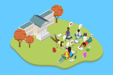 3D Isometric Flat Vector Illustration of Study at University Campus, College Parkのイラスト素材