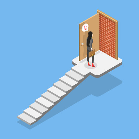 3D Isometric Flat Vector Illustration of Obstacle on Path to Success, Blocked Exit Door Reveals Brick Wallのイラスト素材