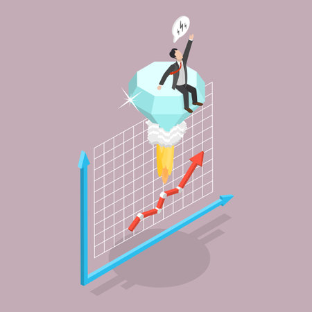 3D Isometric Flat Vector Illustration of Diamond Price Soaring Sky High, Balloon Adorned With Diamond Symbol Ascends Gracefullyのイラスト素材