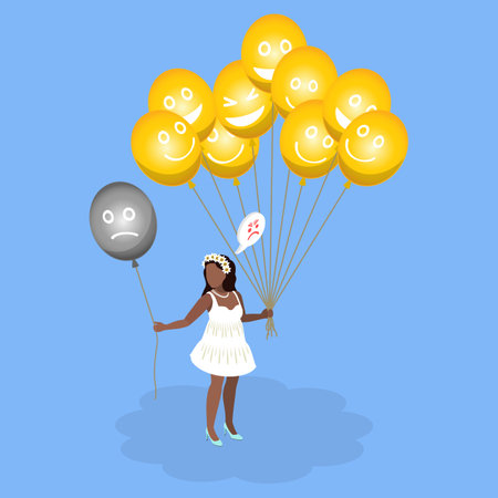 3D Isometric Flat Vector Illustration of Positive Thinking, Woman Relieving Negative Emotions By Releasing Balloon And Embracing Psychological Wellbeing.のイラスト素材