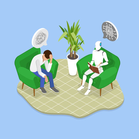 3D Isometric Flat Vector Illustration of Mental Health Treatment, AI Psychologist Robot Providing Therapy To A Depressed Patientのイラスト素材