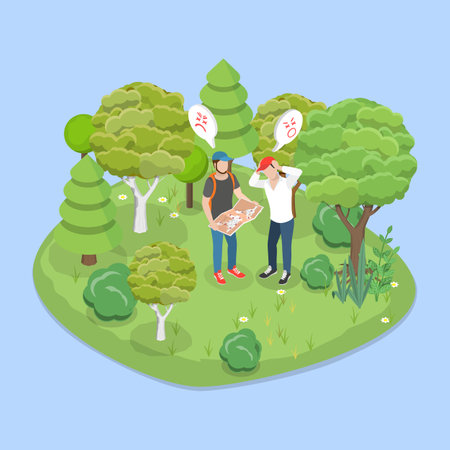 3D Isometric Flat Vector Illustration of Lost Tourists, Man Wanders Through Forest, Recalling Path To Home Or Highwayのイラスト素材