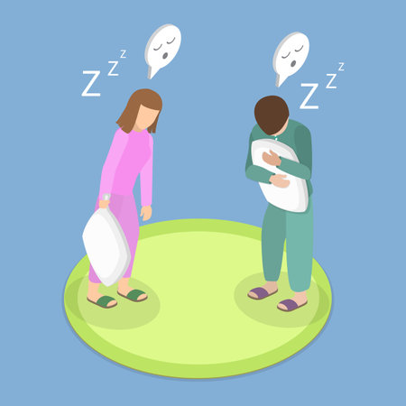 3D Isometric Flat Vector Illustration of Relaxation and Daydreaming, Woman In Pajamas Holds Fluffy Pillow, Feeling Happy And Relaxedのイラスト素材