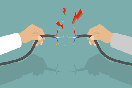 3D Isometric Flat Vector Illustration of Faulty Damaged Cable, Hand Holding Frayed Electrical Cord With Sparking Electricityのイラスト素材
