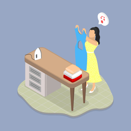 3D Isometric Flat Vector Illustration of Inaccurate Housekeeper, Inept Housewife Accidentally Burns Hole In Shirt And Seeks Advice On Repairing Mishap.のイラスト素材