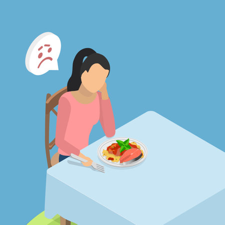 3D Isometric Flat Vector Illustration of Bored Eating, Woman Struggles With Eating Disorder And Lack Of Appetite, Staring At Plate Of Spaghettiのイラスト素材