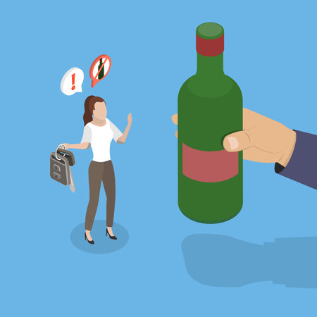 3D Isometric Flat Vector Illustration of Sobriety , Female Driver Declines Alcohol, Holds Keys Beside Someone With A Beer Bottle In Hand.のイラスト素材