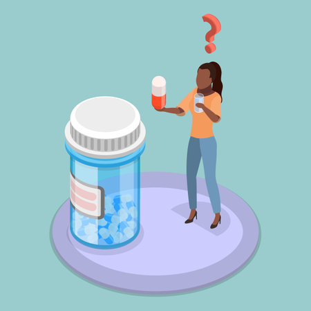 3D Isometric Flat Vector Illustration of Medicine And Healthcare , Indecisive Young Woman Contemplating Drug Use.のイラスト素材
