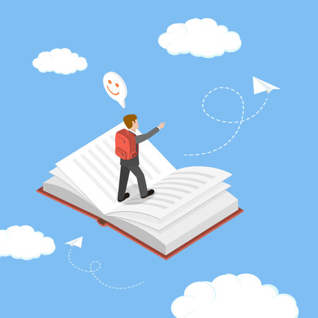 3D Isometric Flat Vector Illustration of Booklover, Joyful Young Man Soars Through Pages Into Enchanted Fairytale Realmのイラスト素材