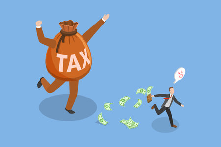 3D Isometric Flat Vector Illustration of Tax Evasion, Businessperson Absconds With Cash From Tax Payments, Leaving Authorities Baffled.のイラスト素材