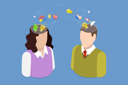 3D Isometric Flat Vector Illustration of Connected Mind Mechanisms of the Two People, Sharing Ideas And Knowledge Transfer In Employee Teamworkのイラスト素材