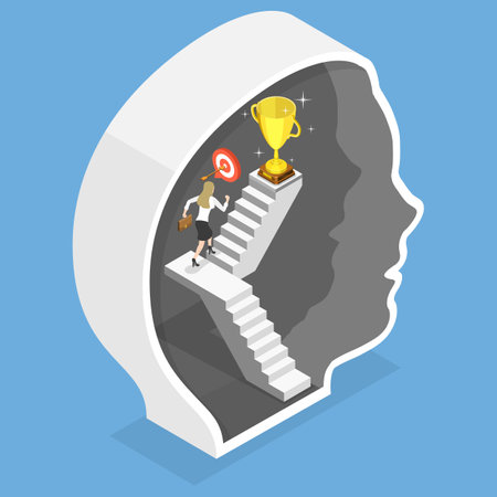 3D Isometric Flat Vector Illustration of Self-Improvement, Personal Growth Psychology, Elevating Businessmen To Reach Their Full Potentialのイラスト素材