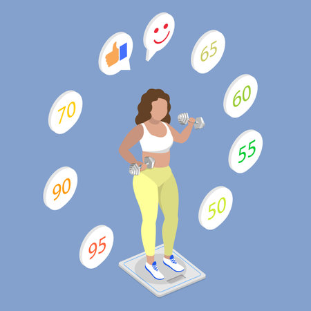 3D Isometric Flat Vector Illustration of Losing Weight, Overweight Woman Striving To Slim Down With Gym Workouts And Dumbbell Exercises.のイラスト素材