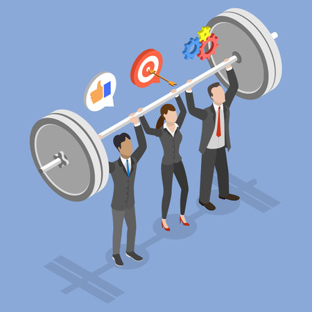 3D Isometric Flat Vector Illustration of Employees Teamwork, Collaborative Business Team Lifting Barbell Demonstrates Unity And Synergy In Goal Achievement.のイラスト素材
