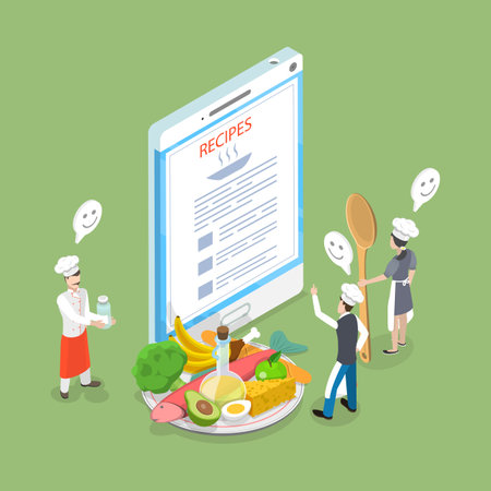 3D Isometric Flat Vector Illustration of Cooking Process Website, Online Recipe Collectionのイラスト素材