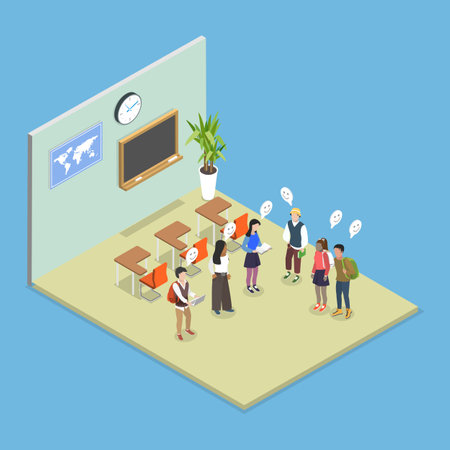 3D Isometric Flat Vector Illustration of Education And Learning, Students Posed In Classroom Holding Books And Computers.のイラスト素材