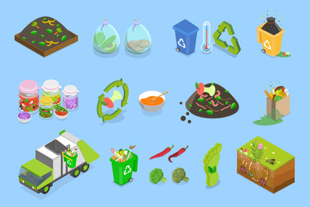 3D Isometric Flat Vector Illustration of Organic Disposal, Recycling Food Waste And Kitchen Scraps In Compost Collection Programのイラスト素材
