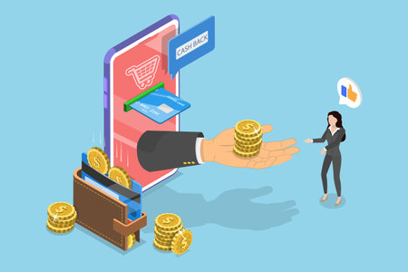 3D Isometric Flat Vector Illustration of Shopping Discounts and Promotion, Customer Receiving Cash Back While Making Credit Card Payments.のイラスト素材