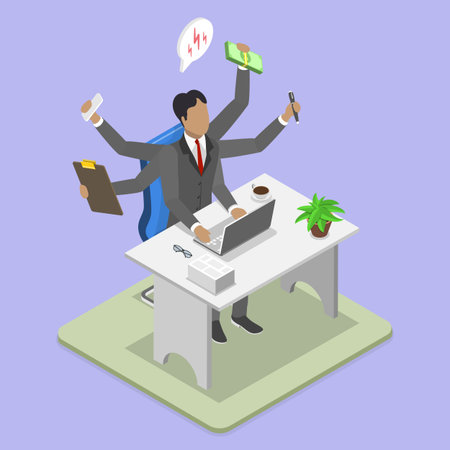 3D Isometric Flat Vector Illustration of Overworked Entrepreneur with Emotional Burnout, Balancing Work And Personal Lifeのイラスト素材
